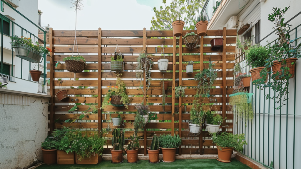 Wooden wall with potted plants,