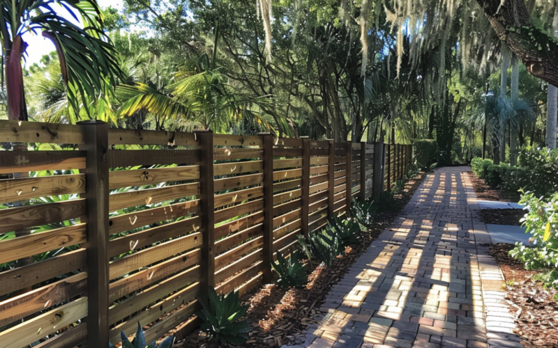 A walkway with a wooden fence and trees.