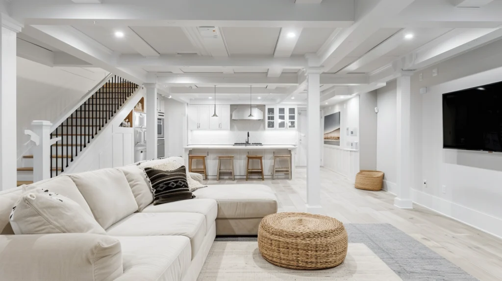 White is a classic and popular choice for exposed basement ceilings