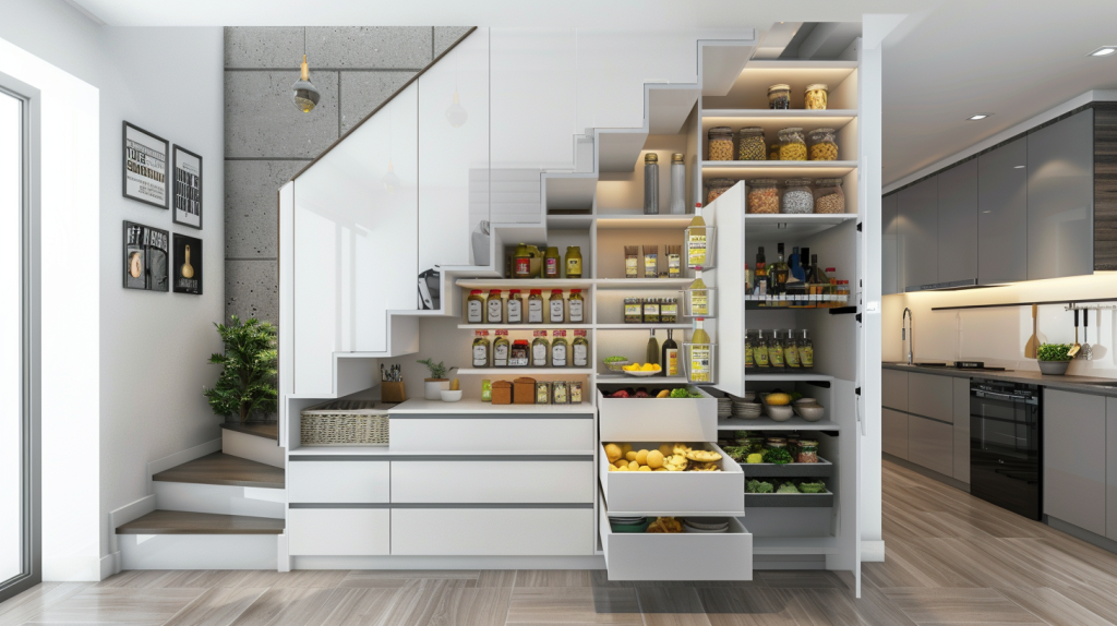 A Corner Staircase with A Pull-Out Pantry