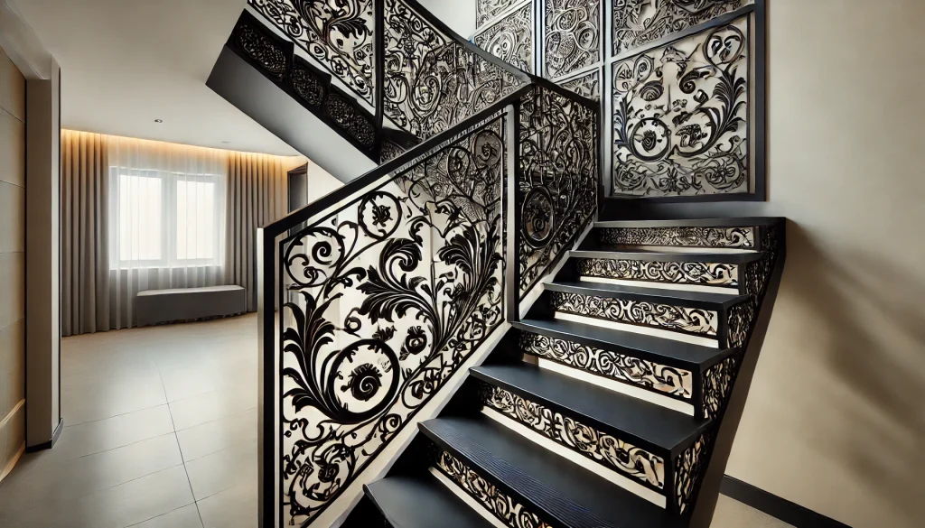 Black Staircase with Detailing Metal Work