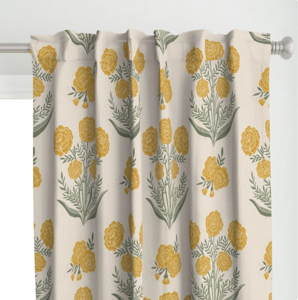 Block Print Floral Curtain Panel - Golden Marigolds