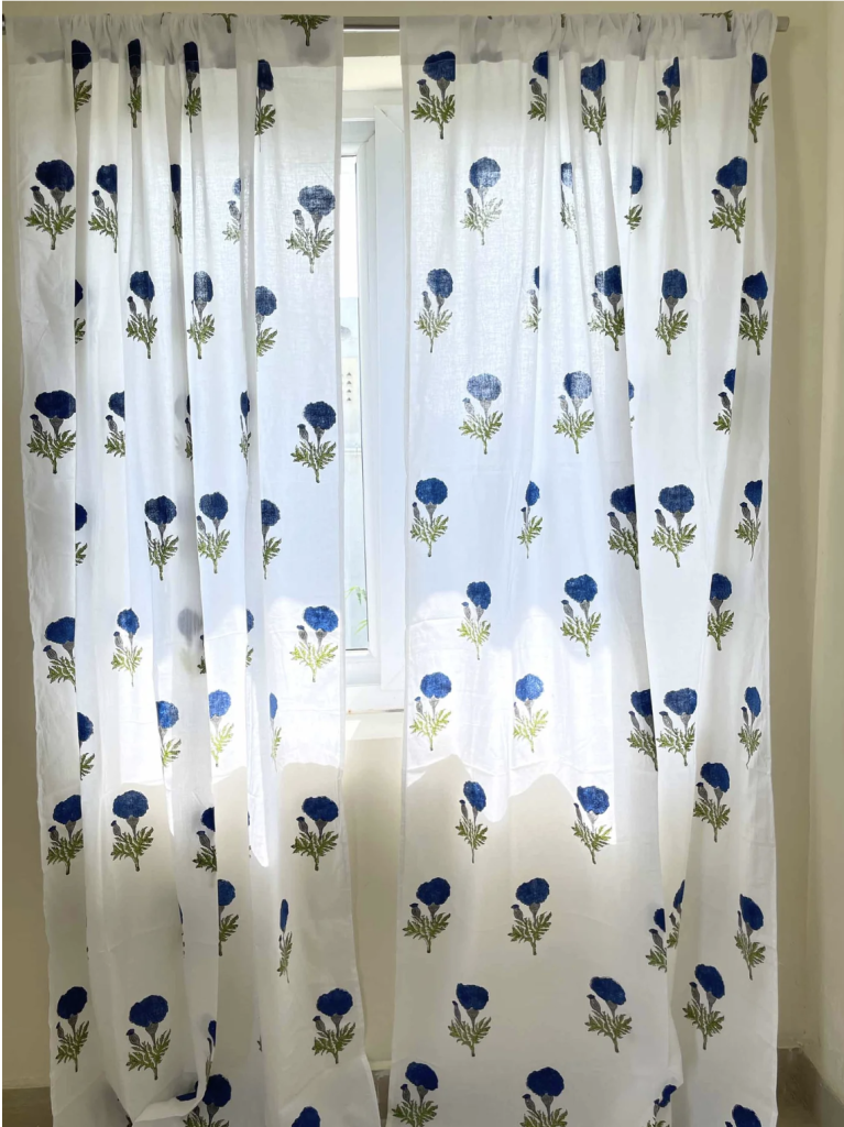 Blue and White Marigold Hand Block Printed Curtain