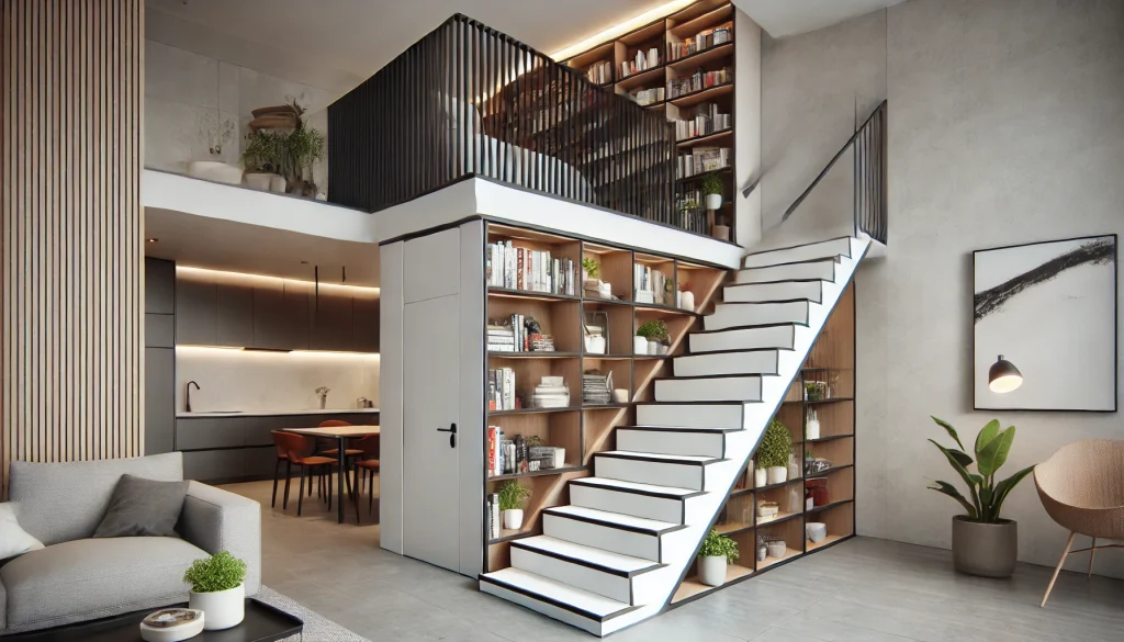 Compact Staircase with An Open Bookshelf