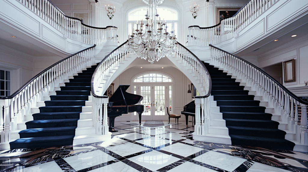 Geometric Double Staircase with Modern Stair Railing