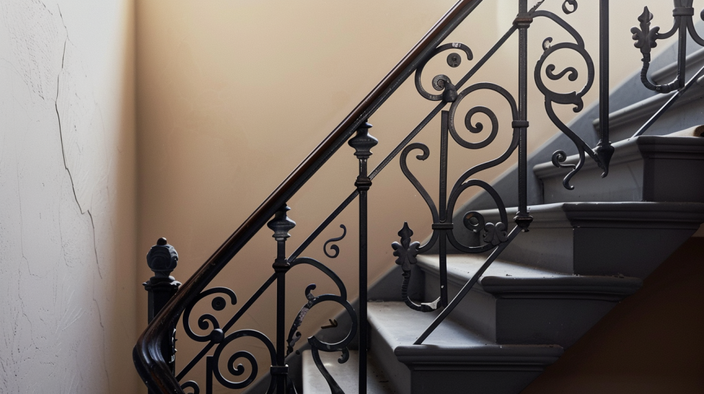 Grey Painted Stairs with Wrought Iron Railing