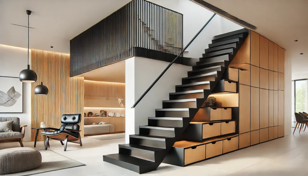 Modern Black Staircase with Fitted Storage