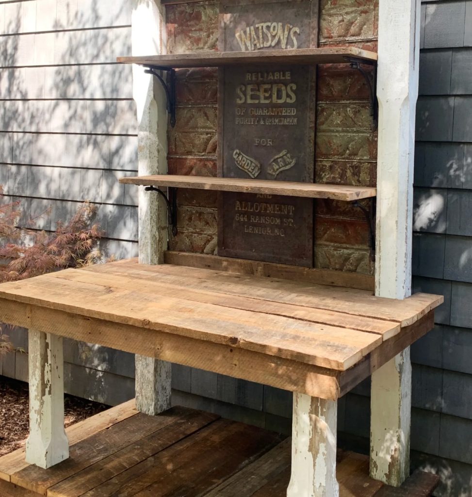 Potting Bench with Reclaimed Wood and Chippy Porch Columns