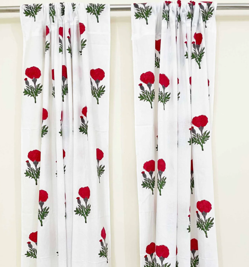 Red and White Marigold Hand Block Printed Curtain