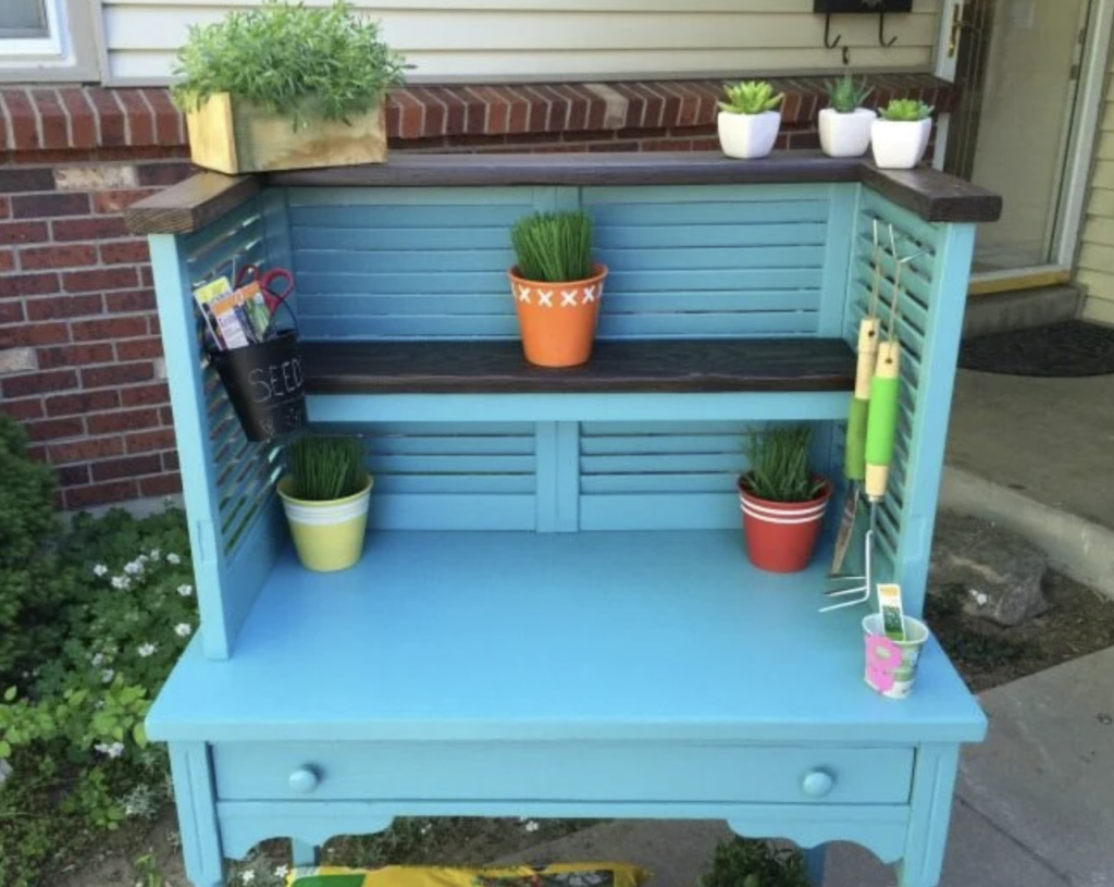 Upcycled Shutters and Desk Into Potting Bench