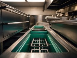 A grease trap installed in a restaurant kitchen in Kirkland, WA. It is connected to the sink and designed to capture and prevent grease and oil from entering the sewer system