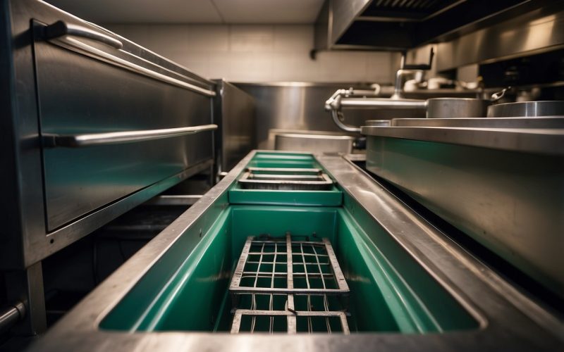 A grease trap installed in a restaurant kitchen in Kirkland, WA. It is connected to the sink and designed to capture and prevent grease and oil from entering the sewer system