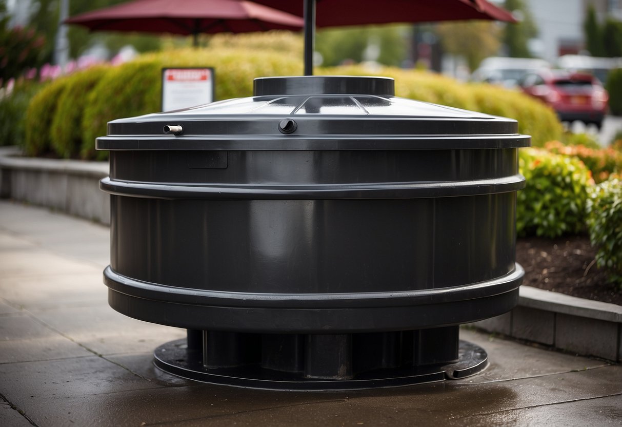 A large, cylindrical grease trap sits underground outside a bustling restaurant in Kirkland, WA. Fats, oils, and grease are captured as wastewater flows through, preventing clogs and environmental damage