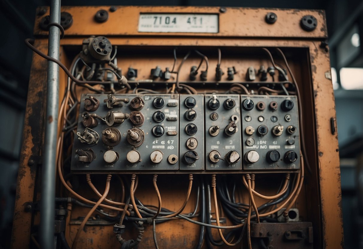 An old electrical panel with exposed wires and rusted components