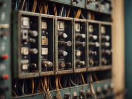 An old electrical panel with rusty metal casing and frayed wires hanging loosely from the sides