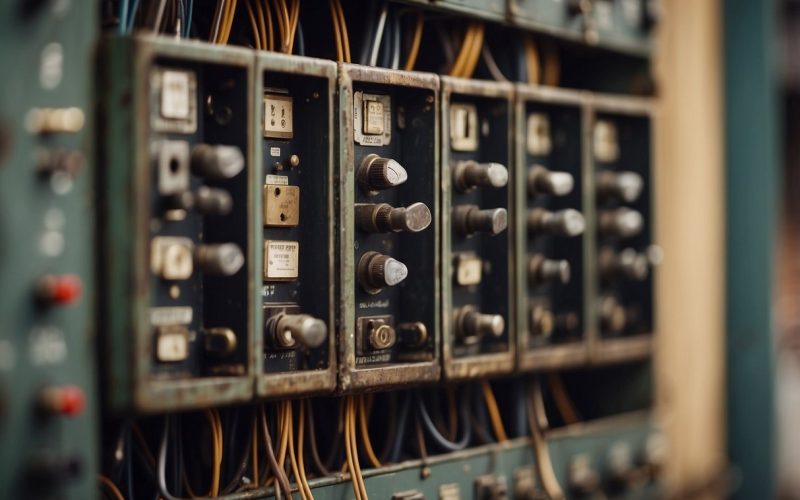 An old electrical panel with rusty metal casing and frayed wires hanging loosely from the sides