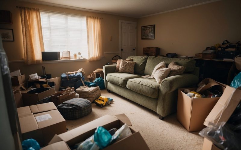 The entire home is being emptied out, with furniture, belongings, and clutter being removed from every room