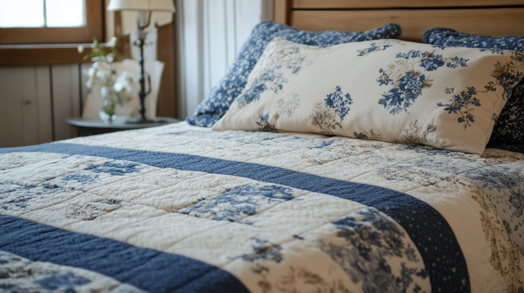 Blue and Beige Floral Patchwork Bedspread