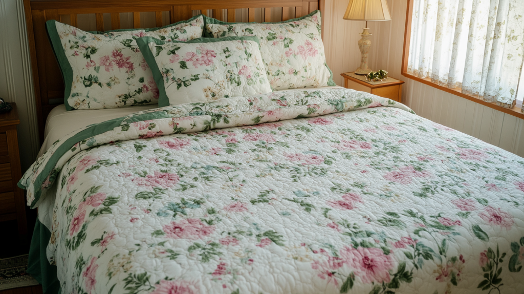 Floral Pink and Green Bedspread