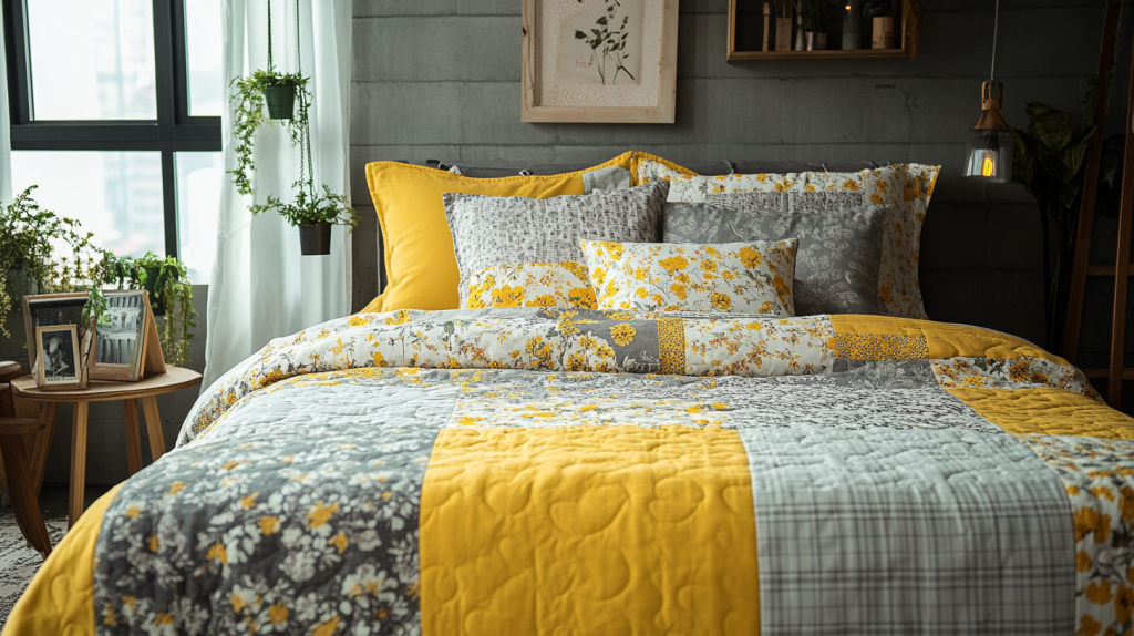 Grey and Yellow Plaid Floral Bohemian Patchwork Bedspread