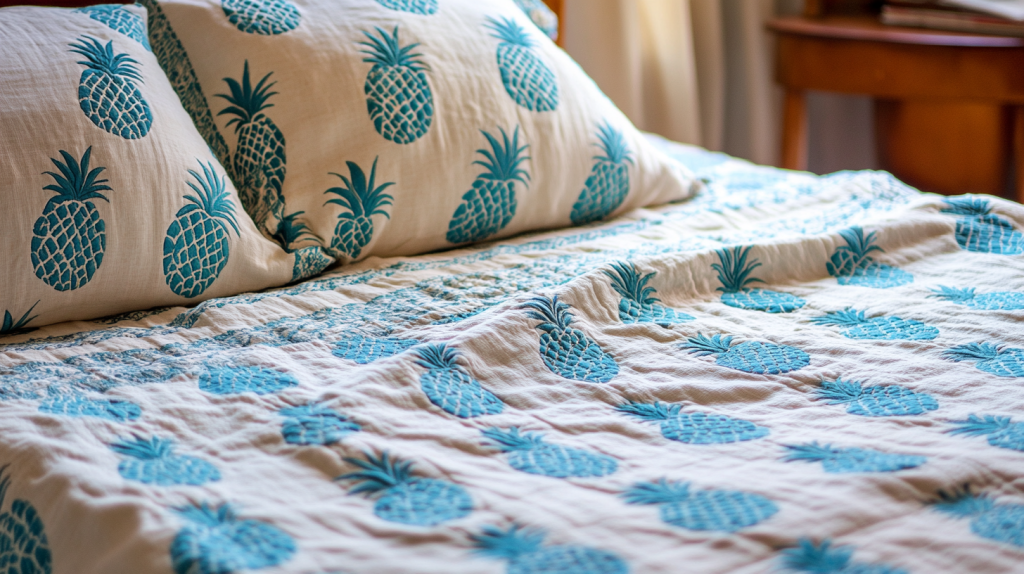 Pineapple Aqua Hand Block Print Bedspread