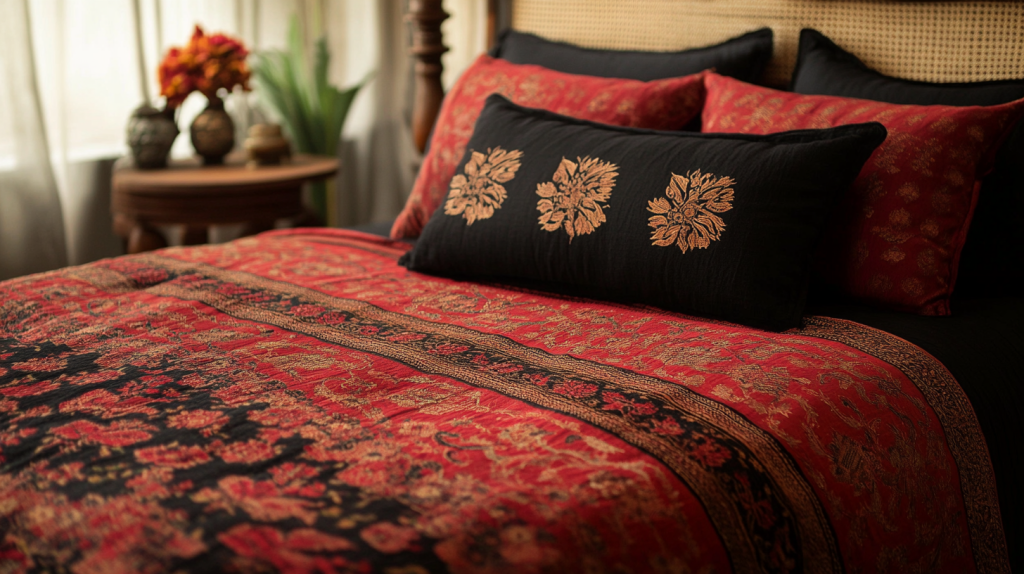 Rustic Red Black Indian Hand Block Print Bedspread