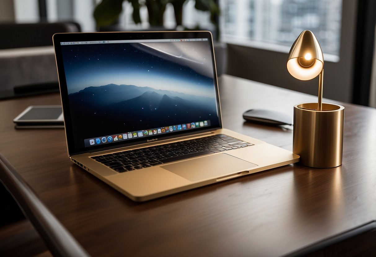 A sleek Apple MacBook Pro sits on a polished desk, surrounded by luxurious office items like a leather desk pad, gold pen holder, and designer desk lamp