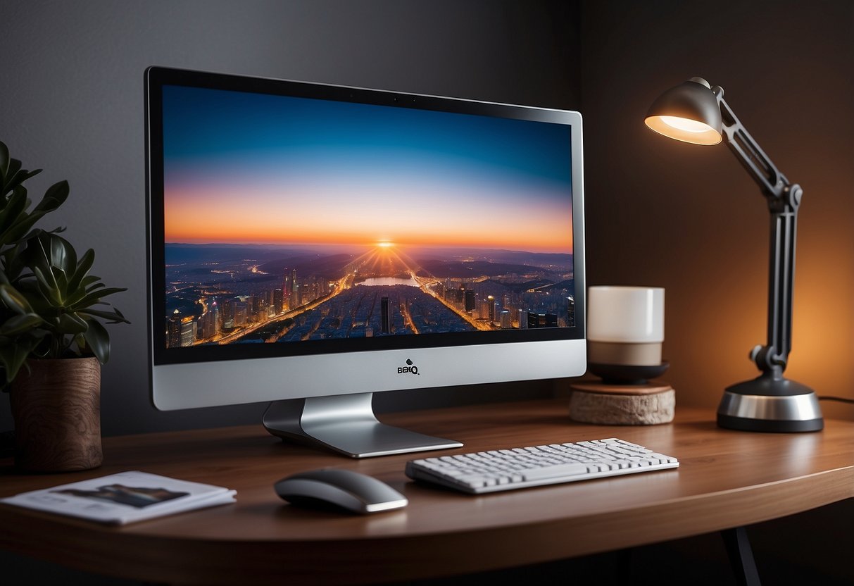 A sleek BenQ PD3220U 4K monitor sits atop a minimalist desk, surrounded by luxurious home office items like a leather chair, marble desk accessories, and a stylish desk lamp