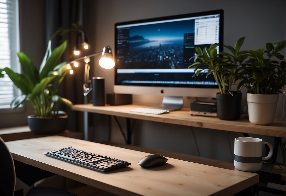 A sleek desk with a comfortable chair, adjustable monitor stand, keyboard and mouse, task lighting, plants, and a cozy rug in a well-organized home office