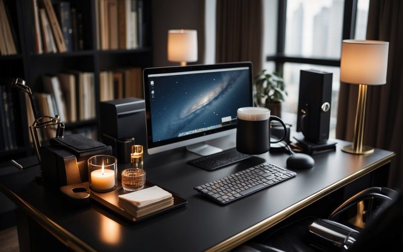 A sleek desk with a high-end computer, ergonomic chair, stylish desk lamp, leather-bound planner, designer stationery, elegant bookshelf, luxurious rug, modern artwork, fragrant candles, and a sophisticated coffee maker