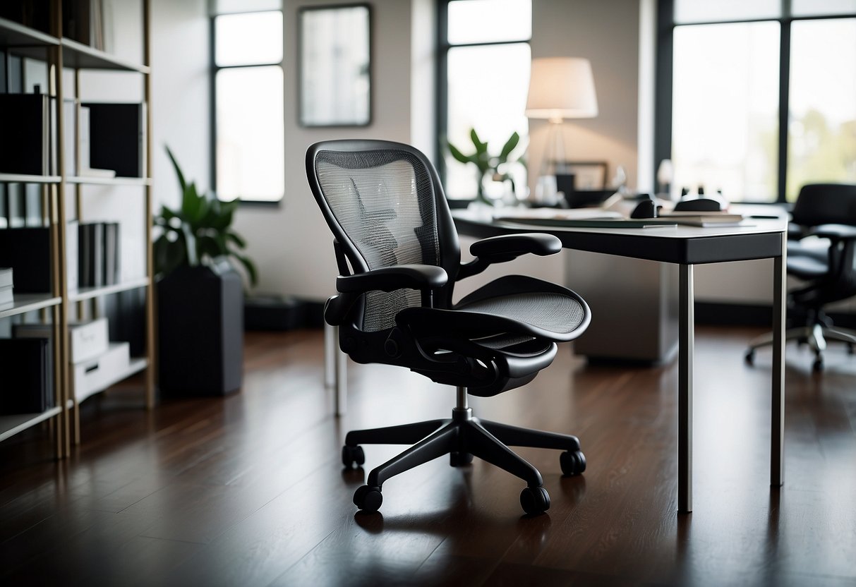 A sleek Herman Miller Aeron Chair sits at a modern desk, surrounded by luxurious office accessories, creating a stylish and functional home office setup