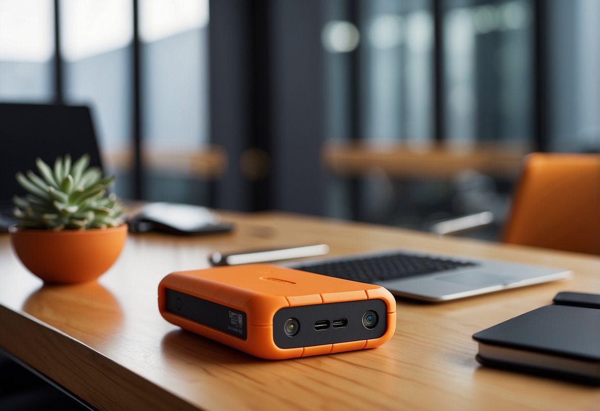 A sleek LaCie Rugged USB-C external hard drive sits on a clean, modern desk alongside other luxurious office accessories