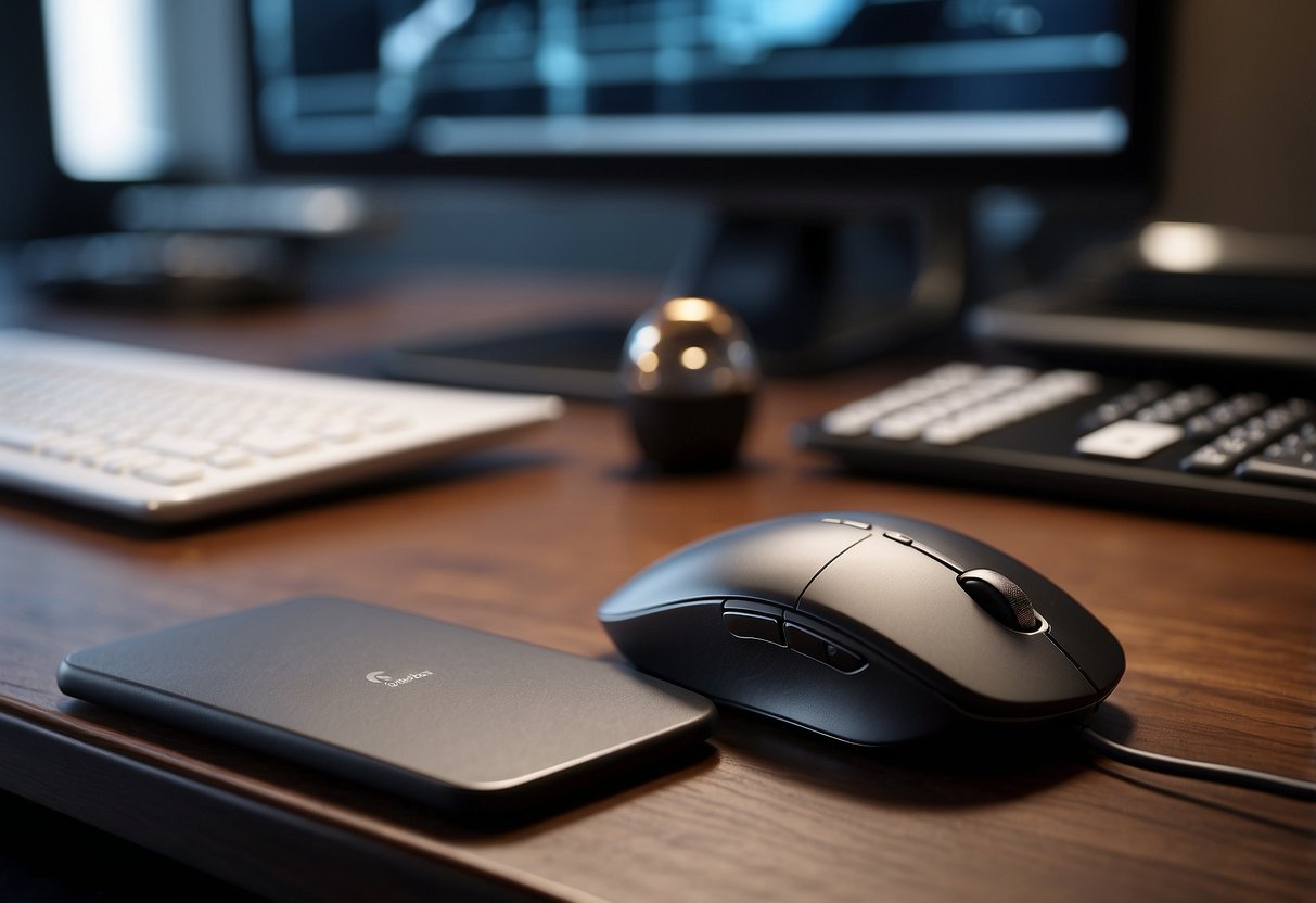 A sleek Logitech MX Master 3 mouse sits on a luxurious desk surrounded by high-end office accessories