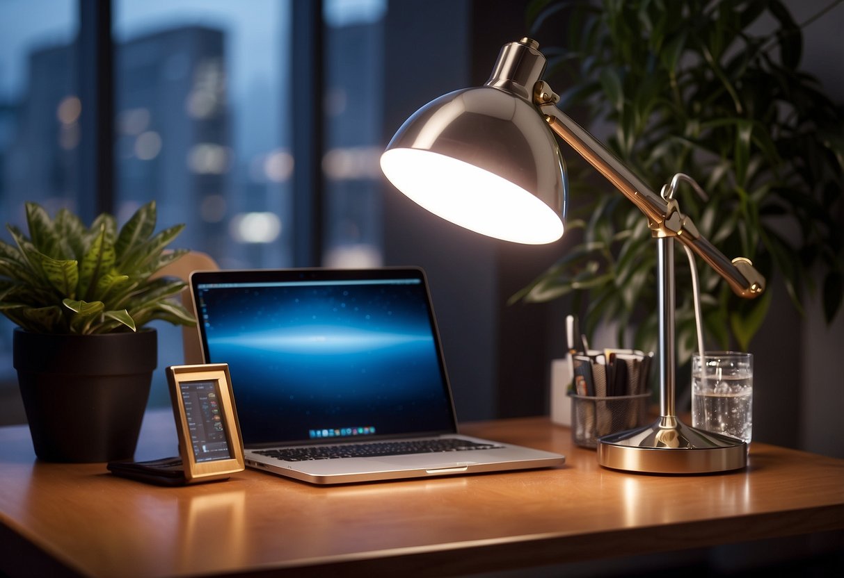 A sleek Lumiy Lightblade 1500S desk lamp illuminates a luxurious home office setup with modern decor and essential items