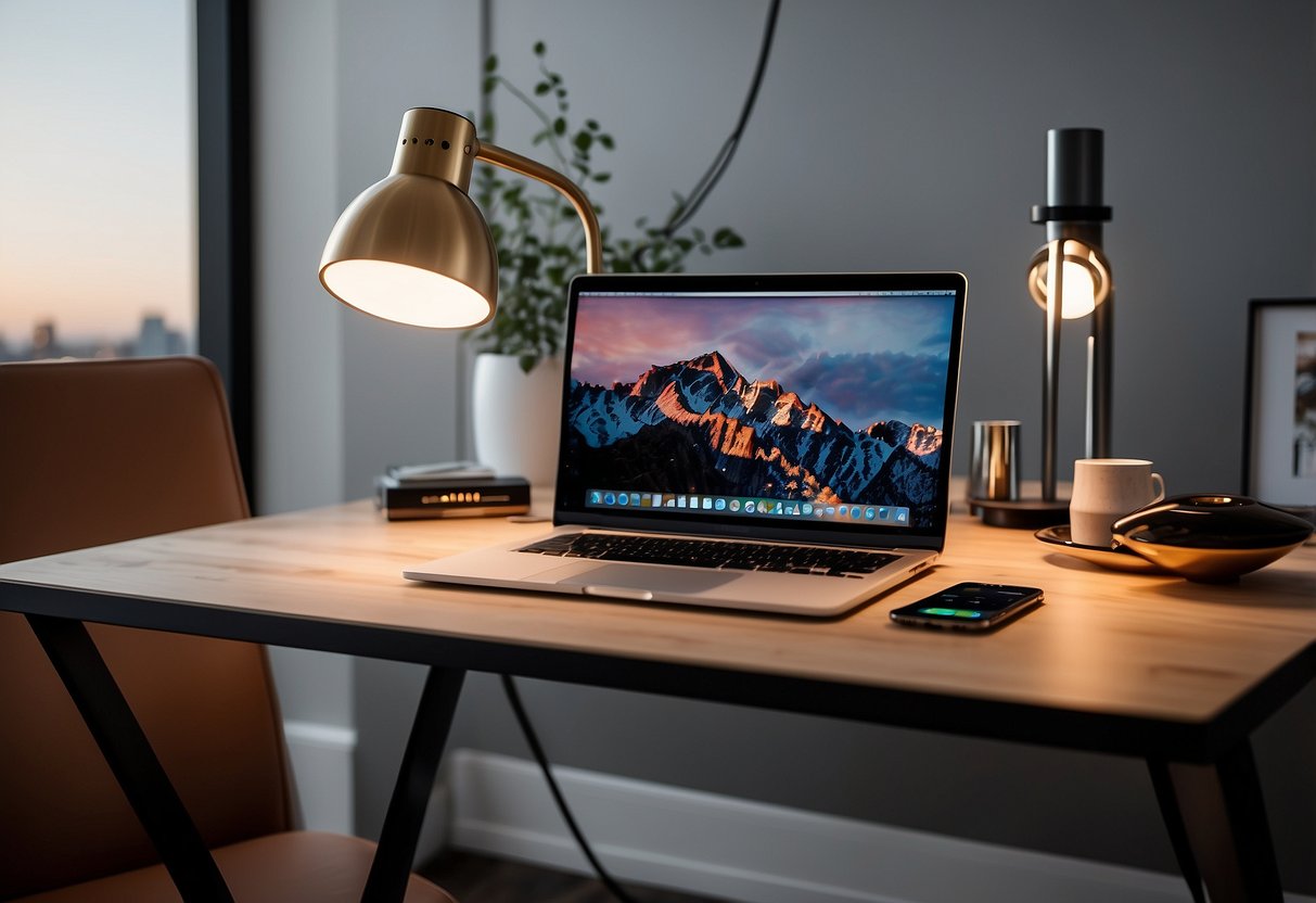 A sleek, modern desk with a Belkin BoostCharge Pro 3-in-1 Wireless Charger sits next to a stylish laptop, elegant stationery, and a designer desk lamp in a luxurious home office setup