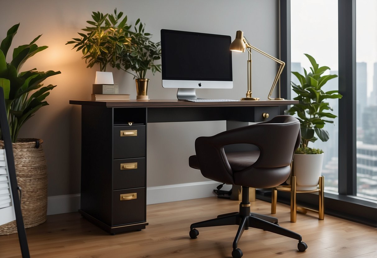 A sleek Uplift standing desk surrounded by luxurious office items, including a leather chair, a designer lamp, a potted plant, and a stylish desk organizer