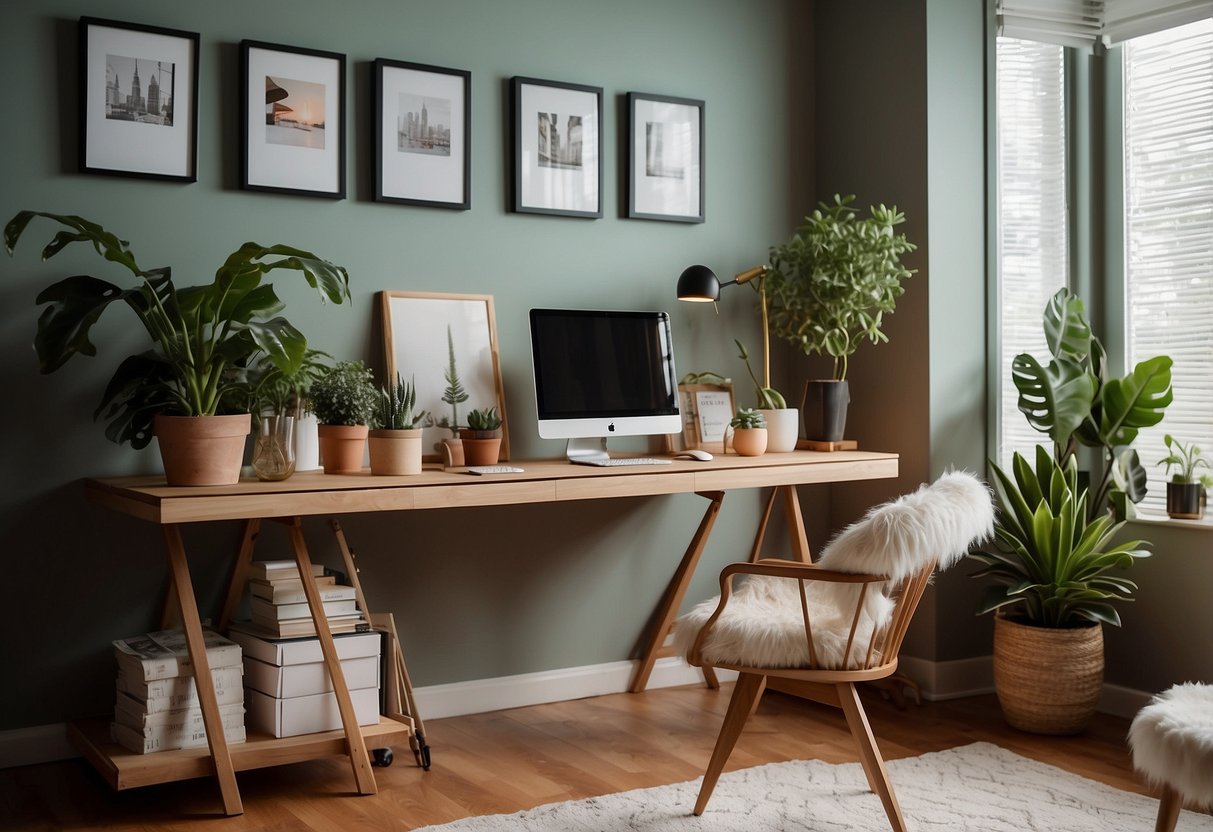 A spacious desk with a sleek computer, ergonomic chair, stylish desk lamp, cozy rug, potted plants, organized shelves, inspiring artwork, calming color scheme, natural light, and a scented candle