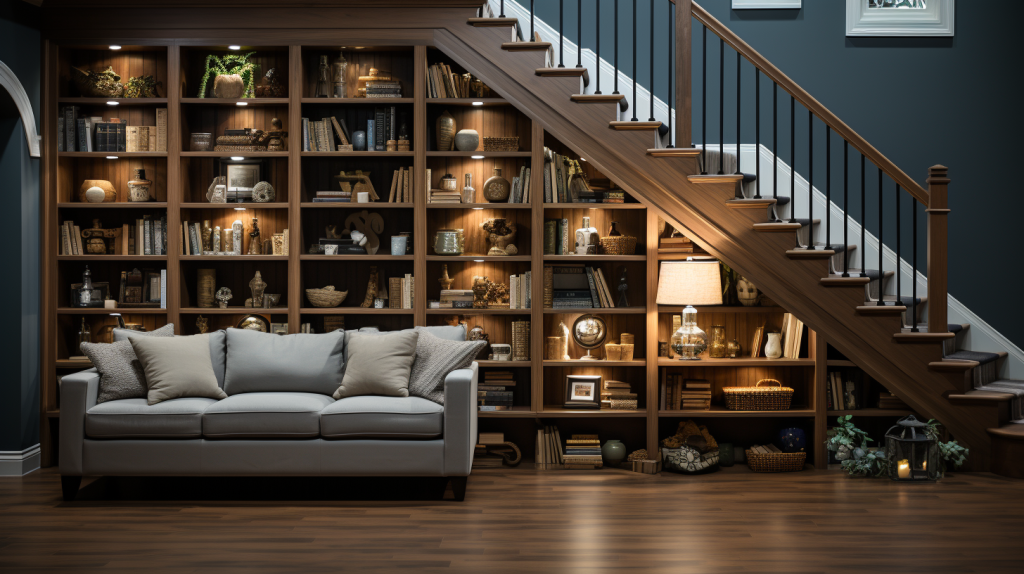 Wooden Staircase Design with Bookshelves