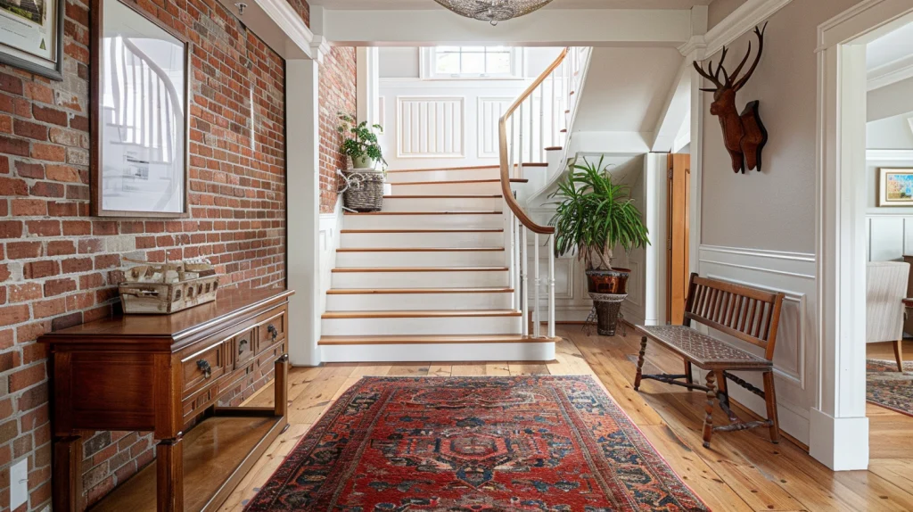 Wooden Staircase Design with Exposed Brick Wall