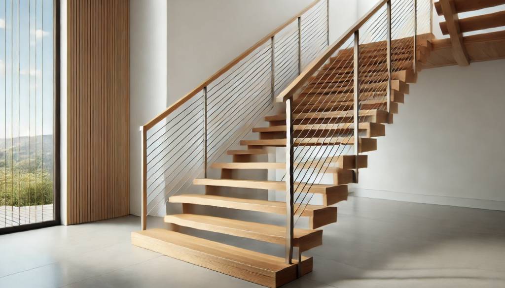 Wooden Staircase with Contemporary Cable Railing