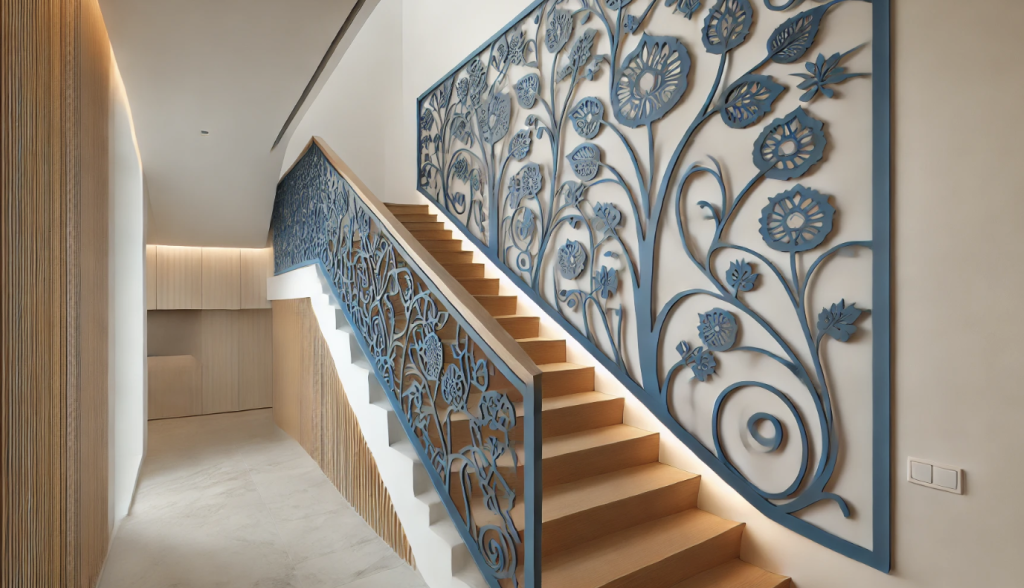 Wooden Staircase with Patterned Stair Railing