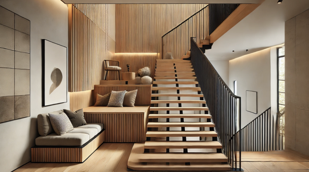 Wooden Staircase with Sitting Area