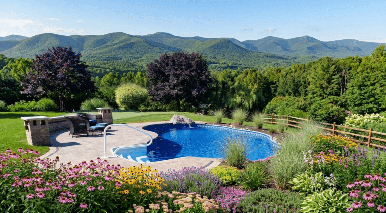 A beautiful pool with a landscaped garden and mountain range in the background.