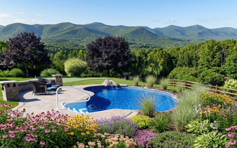 A beautiful pool with a landscaped garden and mountain range in the background.